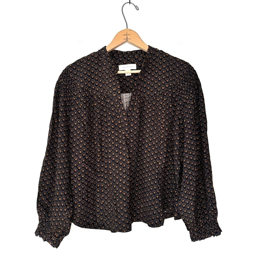 Treasure & Bond Smocked Shoulder Popover Blouse in Black Brown Folly Size XS